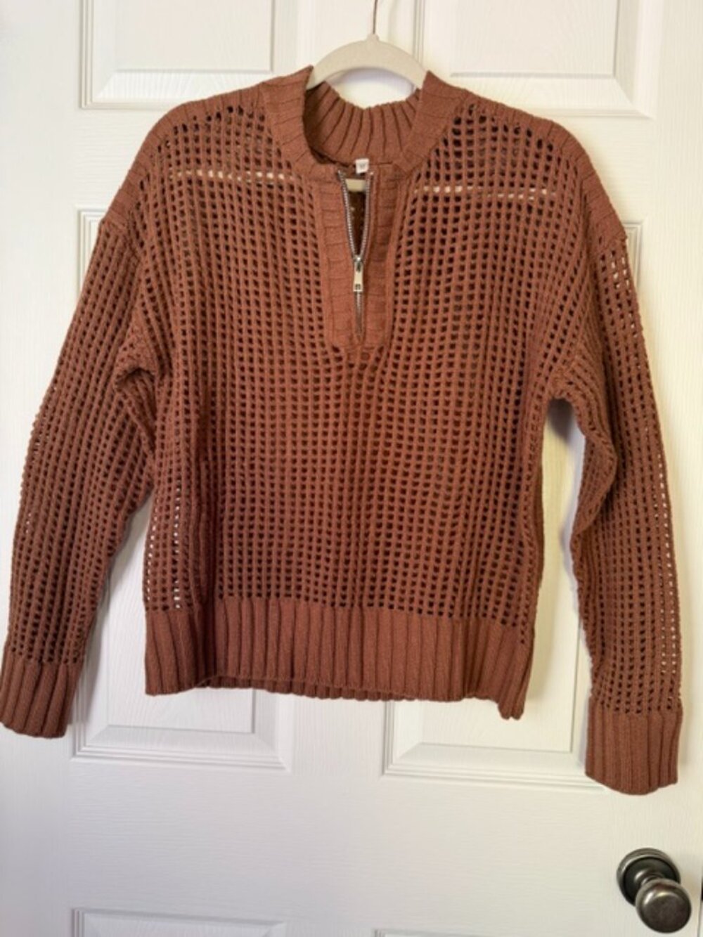Brown Crochet Design Quarter Zip Sweater - Size M